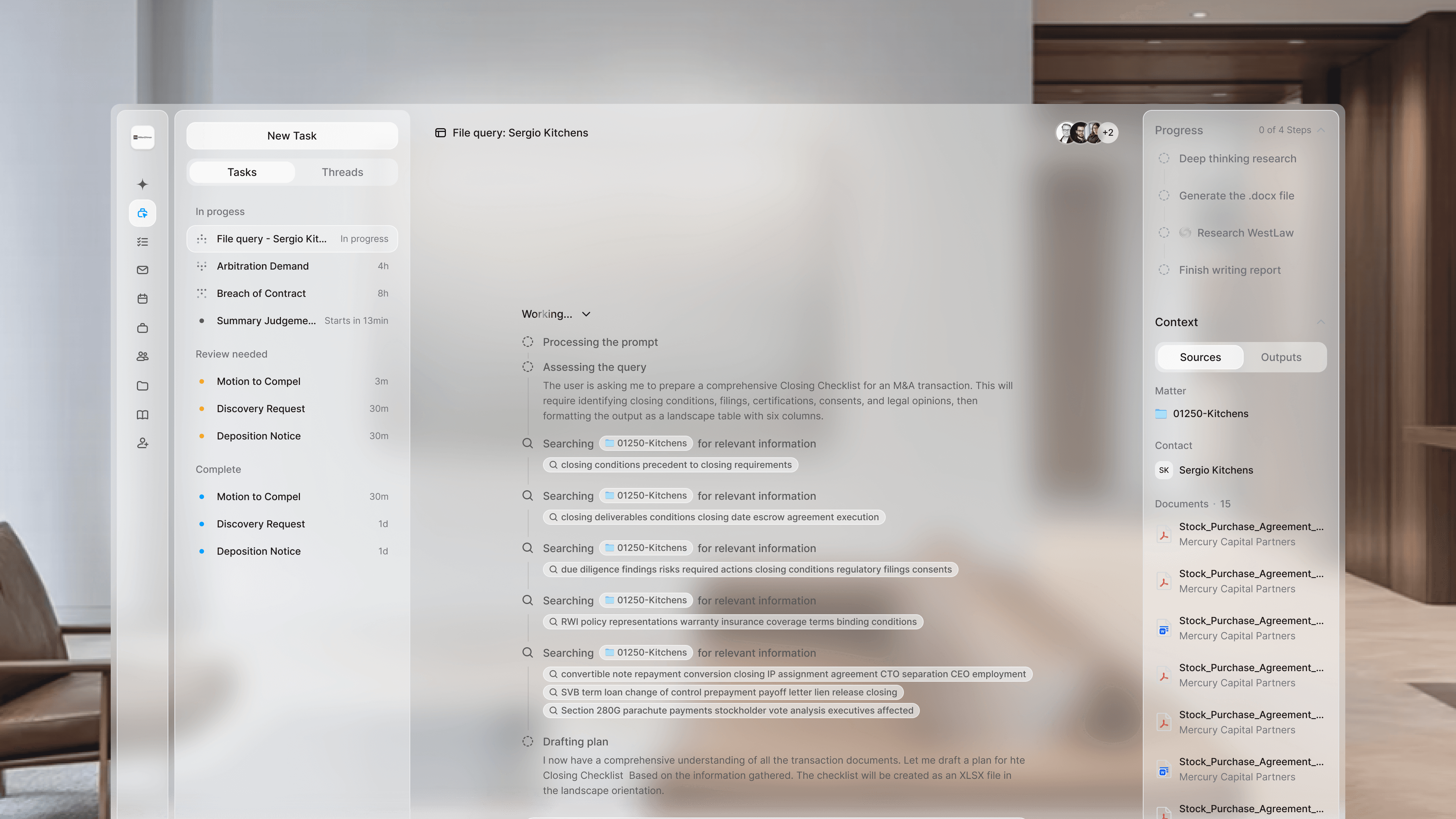 Lexi aiOS task workspace showing matter context, research steps, sources, and progress tracking.